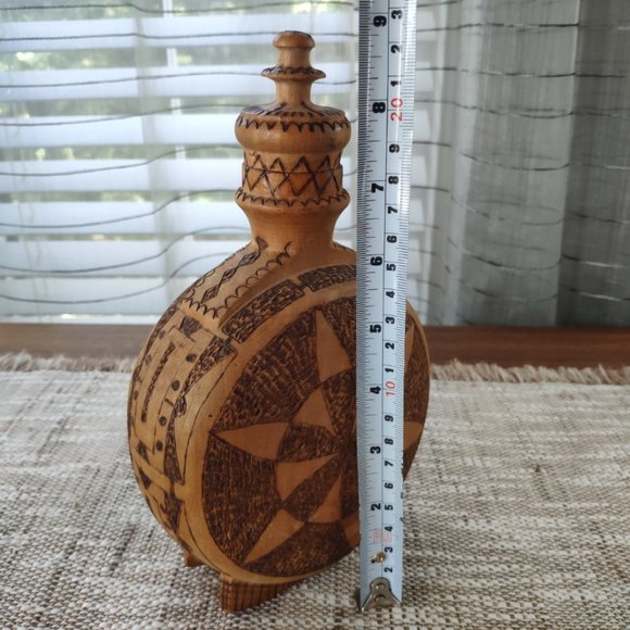 Bulgarian Wooden Bottle Pyrography Flask Wood Burned Graphics VTG Decanter 9.25" - Picture 9 of 9
